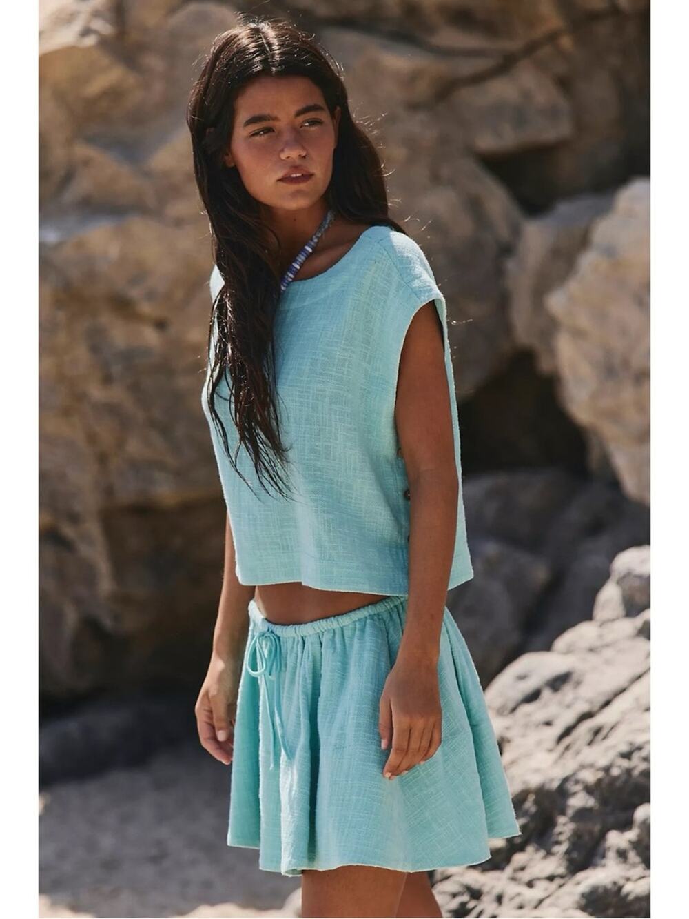 Free People Bohemian Beachy Skye Mini Skirt & Top Set Aqua Blue XS NWT